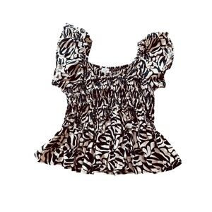 Japna Smocked Peplum Top Zebra Print Puff Sleeve Size L Boho Y2K Cottagecore